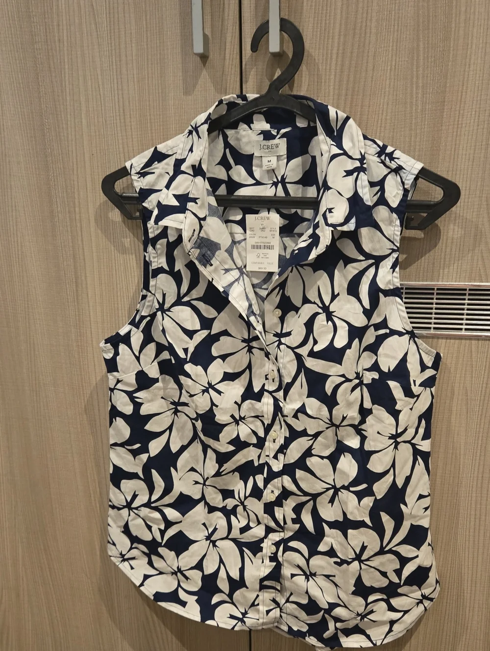 J. Crew Navy and White Floral Sleeveless Button-Down Shirt